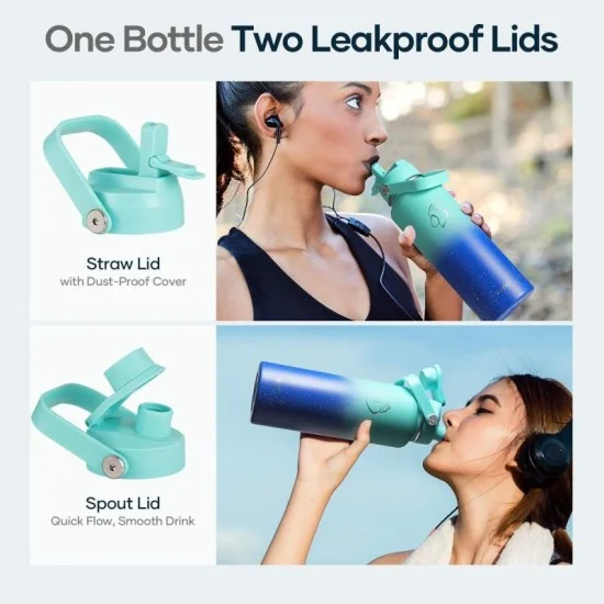 Buzio Duet Series Water Bottle with 2 Lids and Sleeve 1.2L - Starry Blue